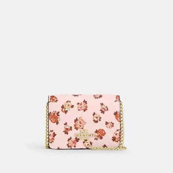 COACH Mini Wallet on Chain with Rosette Print - Mini Coach Bag - Rose Pink - Picture 1 of 10
